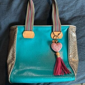 Consuela Turquoise Tote with Pink Heart Tassel and Leopard Sides